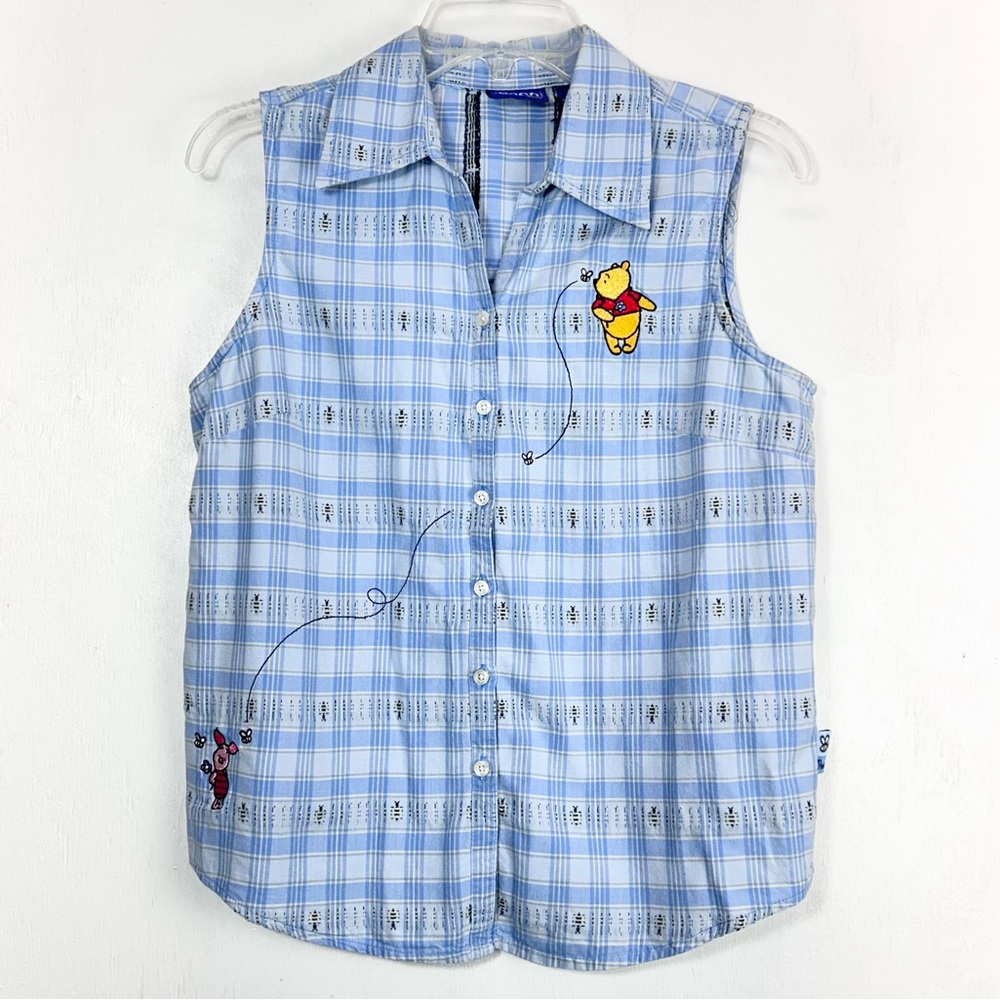 Disney POOH bear plaid shirt embroidered piglet Bee cotton button up sleeveless